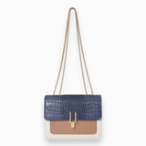 Blue and beige crocodile texture shoulder bag with a chain strap, featuring a rectangular shape and stylish design, suitable for everyday use or special occasions.