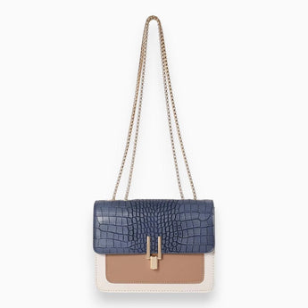 Blue and beige crocodile texture shoulder bag with a chain strap, featuring a rectangular shape and stylish design, suitable for everyday use or special occasions.