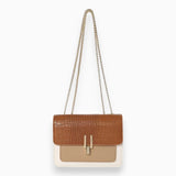 Blue and beige shoulder bag with a crocodile texture, featuring a chain strap, rectangular shape, and stylish design suitable for carrying personal items.