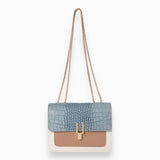 A blue and beige crocodile texture shoulder bag featuring a chain strap, with a rectangular shape and stylish design.