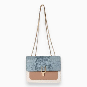 A blue and beige crocodile texture shoulder bag featuring a chain strap, with a rectangular shape and stylish design.