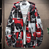 Newspaper Print Fashion Shirt with a black and white typographic design featuring various fonts, displayed in red color and XL size, showing details of the textile, collar, and sleeves.