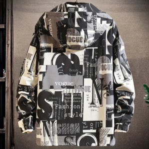 Black and white newspaper print fashion shirt featuring a typographic design, showing details such as the collar and sleeves.
