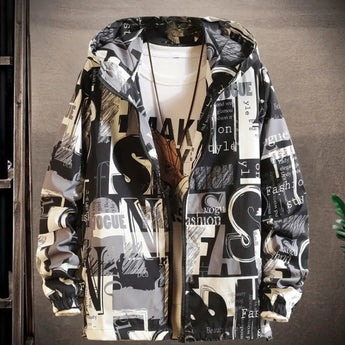 Gray XL Newspaper Print Fashion Shirt with Black & White Typographic Design, featuring a classic collar and long sleeves in a jersey material.