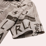 Newspaper print shirt featuring a modern vintage urban design with short sleeves and a bold newspaper pattern.