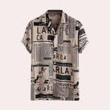 Khaki XL newspaper print shirt with a modern vintage urban fashion design, featuring a dress shirt style with short sleeves and a collar.