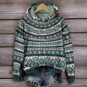 Nordic green hooded Christmas sweater featuring a snowflake Fair Isle knit pattern, long sleeves, and a cozy woolen fabric design.