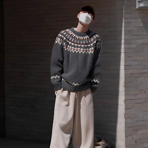 Nordic Pattern Men's Winter Sweater in grey heavyweight wool knitwear featuring a long sleeve design with a stylish collar.