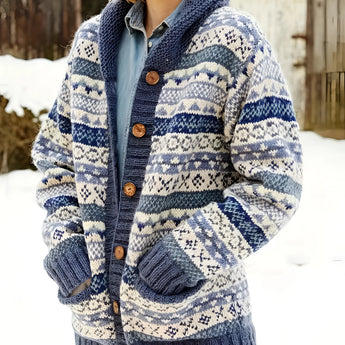 Nordic pattern wool-blend cardigan with chunky knit texture, featuring a snowy background. The cardigan showcases a tartan design with a collar and long sleeves, suitable as winter outerwear.