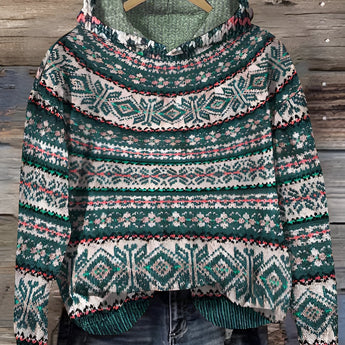 Nordic Shawl Collar Chunky Knit Sweater in green, featuring a cozy shawl collar, long sleeves, and a textured woolen design, displayed on a clothes hanger.