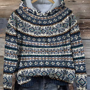 Nordic Shawl Collar Chunky Knit Sweater in warm blue and beige, featuring a cozy shawl collar and long sleeves with a chunky knit pattern, suitable for outerwear in a size 3XL.