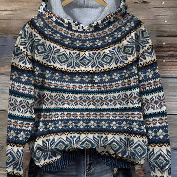 Nordic Shawl Collar Chunky Knit Sweater in warm blue and beige, featuring a cozy shawl collar and long sleeves with a chunky knit pattern, suitable for outerwear in a size 3XL.