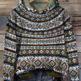 Nordic shawl collar chunky knit sweater in warm blue and beige, displayed on a clothes hanger, featuring a shawl collar and long sleeves. The sweater has a textured pattern and is presented in a 3XL size, with an emphasis on its cozy, warm design suitable for colder weather.