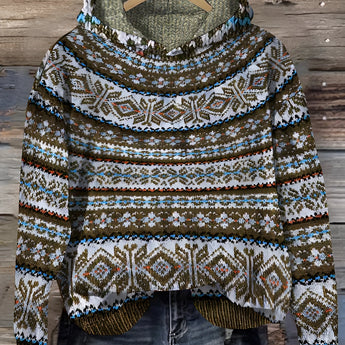 Nordic shawl collar chunky knit sweater in warm blue and beige, displayed on a clothes hanger, featuring a shawl collar and long sleeves. The sweater has a textured pattern and is presented in a 3XL size, with an emphasis on its cozy, warm design suitable for colder weather.