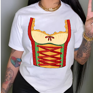 
A white novelty T-shirt in size 5XL featuring a quirky burger print design, styled for foodie fashion enthusiasts, displayed on a mannequin or model showcasing the shoulder and arm area.