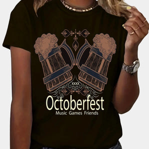 Octoberfest Beer Mug Design T-Shirt featuring a black and white beer mug graphic on white fabric, with short sleeves and a round neck.