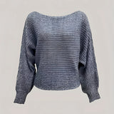 Cozy grey off-shoulder sweater featuring cropped balloon sleeves made from woolen knitwear.