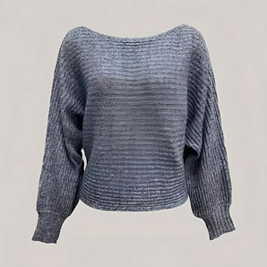 Cozy grey off-shoulder sweater featuring cropped balloon sleeves made from woolen knitwear.