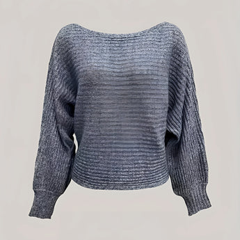 Cozy grey off-shoulder sweater featuring cropped balloon sleeves made from woolen knitwear.