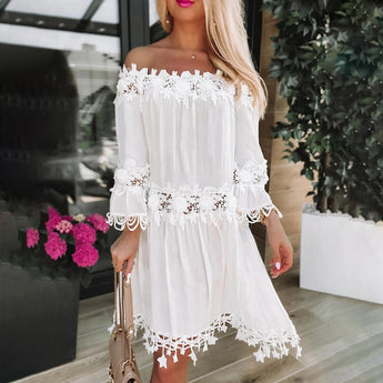 Off-shoulder white lace dress with long sleeves, featuring a boho summer fashion style. The dress is designed as a one-piece garment with a fitted waist and delicate lace detailing. Suitable for a size 3XL, this elegant piece is perfect for warm weather occasions.
