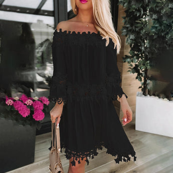 Off-shoulder white lace dress featuring long sleeves and a boho summer style, highlighting the neckline and waist details.