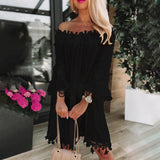 A black off-shoulder lace dress featuring long sleeves and a boho summer style, displayed in a 3XL size. The dress highlights intricate lace detailing and a flattering silhouette.