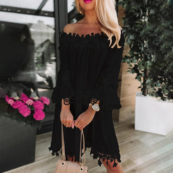 A black off-shoulder lace dress featuring long sleeves and a boho summer style, displayed in a 3XL size. The dress highlights intricate lace detailing and a flattering silhouette.