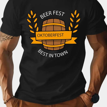Black Oktoberfest 2023 Beer Barrel T-Shirt for Men in XL size featuring a short sleeve design with a sporty fit and bold font print.