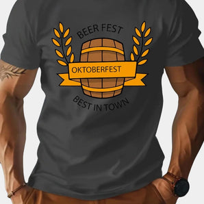 
A gray Oktoberfest 2023 Beer Barrel T-Shirt for Men in size XL, featuring short sleeves and a crew neck design.