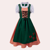 Green Oktoberfest Bavarian Dirndl dress featuring peach rose embroidery, designed with a fitted waist, short sleeves, and a decorative collar in size XL.