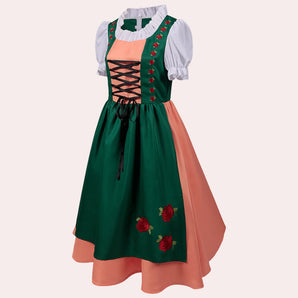 Bavarian Dirndl dress in green with peach rose embroidery, featuring a traditional design with a fitted bodice, sleeveless style, and full skirt.
