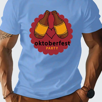 Men's light blue XL Oktoberfest Beer Festival T-shirt featuring short sleeves and a classic round neck design.