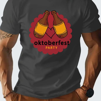 Men's gray Oktoberfest Beer Festival T-shirt in XL size, featuring short sleeves and printed graphics, suitable for a German party outfit.
