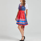 Oktoberfest Women's Blue & Red Dirndl, featuring an authentic Bavarian dress design with a fitted bodice, puffed sleeves, and a flared skirt, reaching knee length.