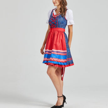 Oktoberfest Women's Blue & Red Dirndl, featuring an authentic Bavarian dress design with a fitted bodice, puffed sleeves, and a flared skirt, reaching knee length.