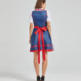 Authentic Bavarian dress for women, featuring a blue and red tartan dirndl with a classic neckline, short sleeves, and a fitted waist, suitable for Oktoberfest celebrations.