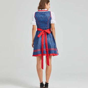 Authentic Bavarian dress for women, featuring a blue and red tartan dirndl with a classic neckline, short sleeves, and a fitted waist, suitable for Oktoberfest celebrations.