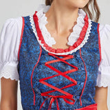 Oktoberfest women's dirndl featuring a blue and red color scheme with white accents, showcasing traditional Bavarian style. The dress includes a fitted waist, short sleeves, and a distinctive neckline, crafted from quality textiles for an authentic look.