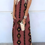Olive geometric print maxi dress in a bohemian summer style, shown in a rich red wine color, size 3XL, featuring long sleeves and a fitted waist.