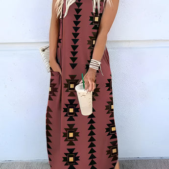 Olive geometric print maxi dress in a bohemian summer style, shown in a rich red wine color, size 3XL, featuring long sleeves and a fitted waist.