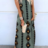 Olive geometric print maxi dress in dark green, featuring a flattering fit for a bohemian summer fashion style in size 3XL, with a focus on the dress's shoulder, waist, and neck design.
