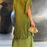 Olive green bohemian tiered midi dress with vintage chic style, featuring a one-piece design with flowing sleeves and a defined waist.