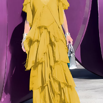 Yellow bohemian tiered midi dress in a vintage chic style with short sleeves, tailored waist, and flowing hemline, available in 5XL size.