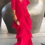 Pink and red Bohemian tiered midi dress in a vintage chic style, featuring a one-piece design with a fitted waist, flowing skirt, and elegant sleeves, suitable for formal wear.
