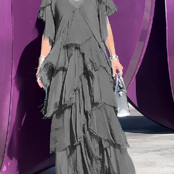 Olive Green Bohemian Tiered Midi Dress with long sleeves, featuring a vintage chic style, designed in a dark gray color, displayed in size 5XL.
