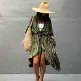 Olive Green Boho Kimono Dress worn by a person, paired with a sun hat and casual footwear, perfect for lightweight summer beachwear.