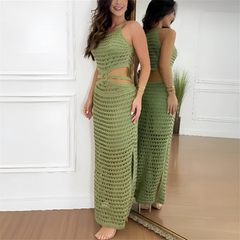 Olive green crochet one-shoulder maxi dress on a model, highlighting the intricate crochet pattern, form-fitting waist, and flowing silhouette, with a luxury bohemian style.