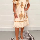 Olive Green Floral Bohemian Dress featuring a casual chic design, shown in a white color variant, size 5XL.