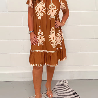 Olive green floral bohemian dress with a casual chic summer festival style, featuring a persimmon color and designed for a 5XL size.