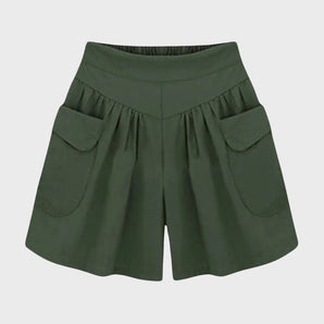 Olive green high-waisted women's safari shorts with pockets, shown in light green color, size 5XL.